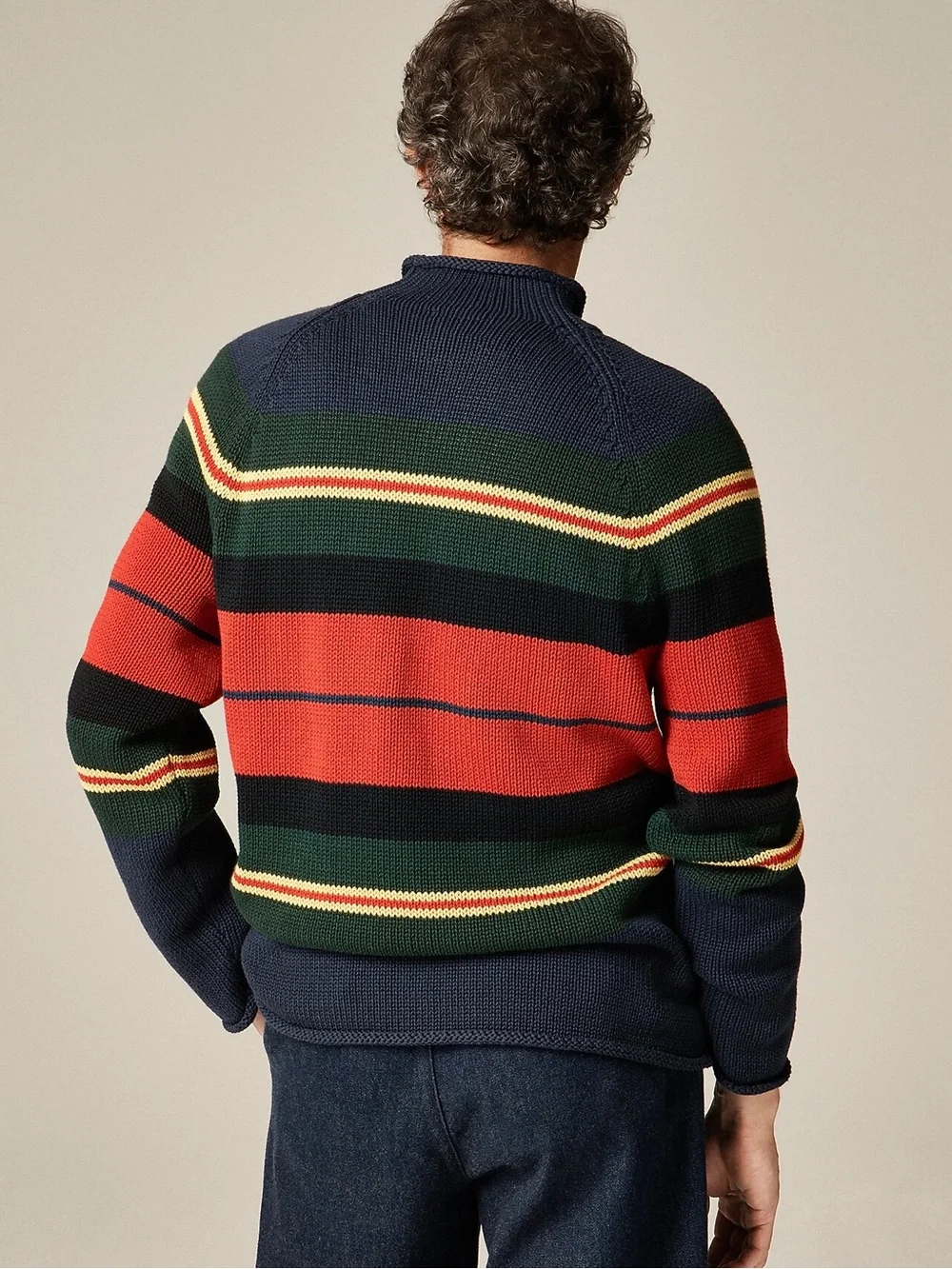 J.Crew Size L 1988 Rollneck™ Sweater in Cotton Rugby Stripe Navy Multi